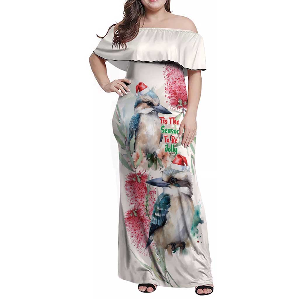 Australia Christmas Family Matching Off Shoulder Maxi Dress and Hawaiian Shirt Jolly Kookaburra Bottlebrush Watercolor - Aussie Hoodie