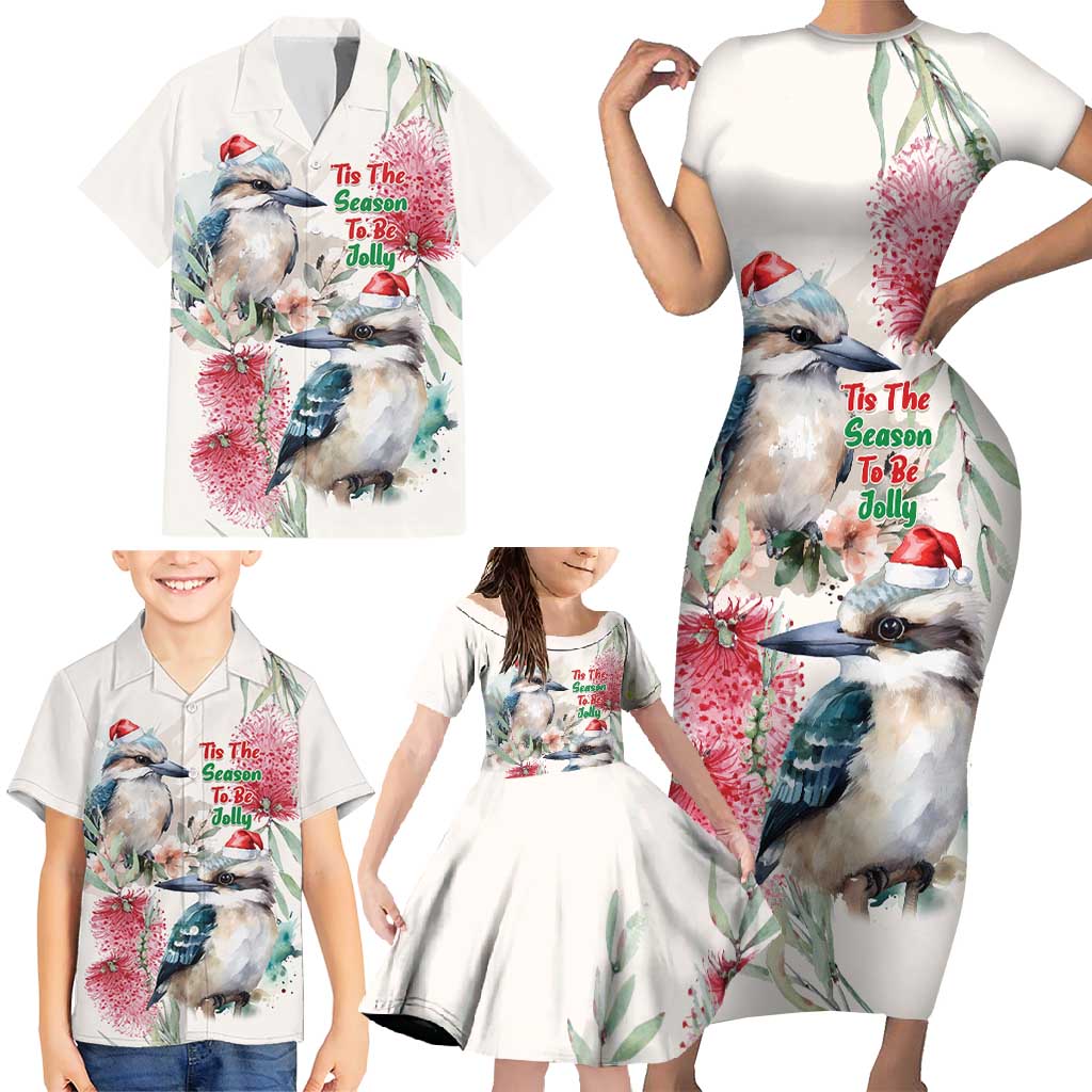 Australia Christmas Family Matching Short Sleeve Bodycon Dress and Hawaiian Shirt Jolly Kookaburra Bottlebrush Watercolor - Aussie Hoodie