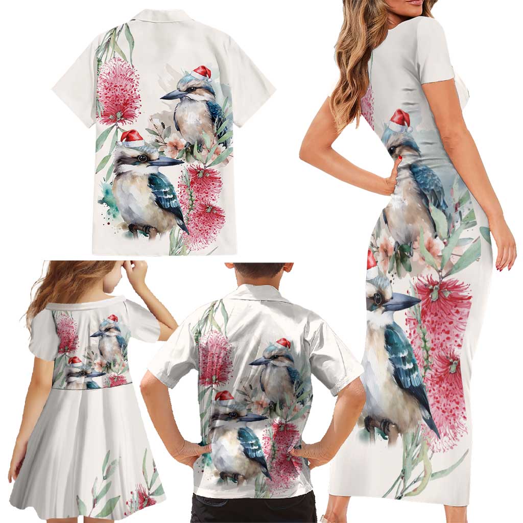 Australia Christmas Family Matching Short Sleeve Bodycon Dress and Hawaiian Shirt Jolly Kookaburra Bottlebrush Watercolor - Aussie Hoodie