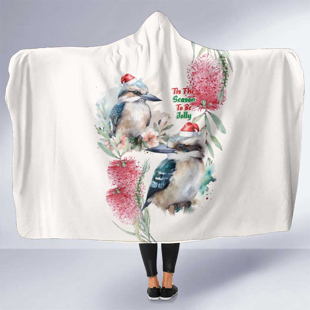 Australia Christmas Hooded Blanket Jolly Kookaburra Bottlebrush Watercolor - Aussie Hoodie