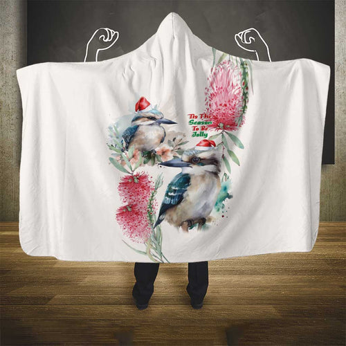 Australia Christmas Hooded Blanket Jolly Kookaburra Bottlebrush Watercolor - Aussie Hoodie
