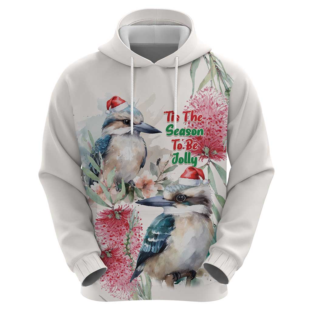 Australia Christmas Hoodie Jolly Kookaburra Bottlebrush Watercolor - Aussie Hoodie