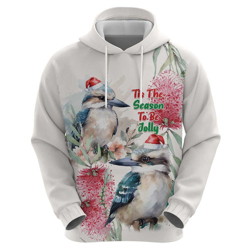 Australia Christmas Hoodie Jolly Kookaburra Bottlebrush Watercolor - Aussie Hoodie
