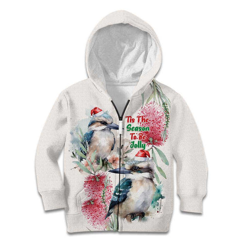 Australia Christmas Kid Hoodie Jolly Kookaburra Bottlebrush Watercolor - Aussie Hoodie