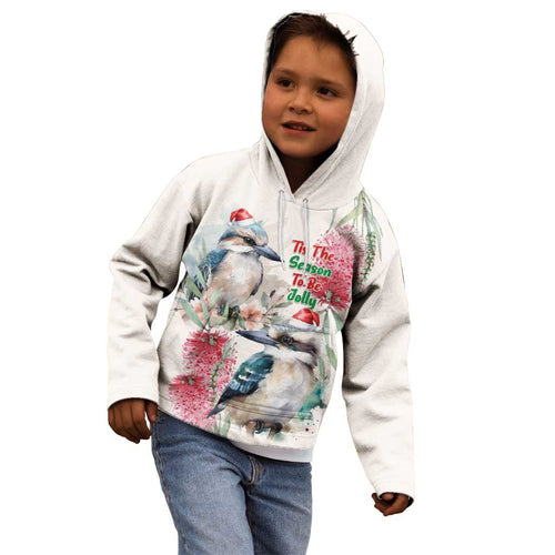 Australia Christmas Kid Hoodie Jolly Kookaburra Bottlebrush Watercolor - Aussie Hoodie
