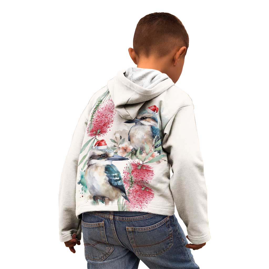Australia Christmas Kid Hoodie Jolly Kookaburra Bottlebrush Watercolor - Aussie Hoodie
