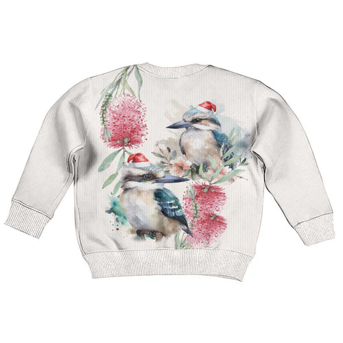 Australia Christmas Kid Ugly Christmas Sweater Jolly Kookaburra Bottlebrush Watercolor - Aussie Hoodie