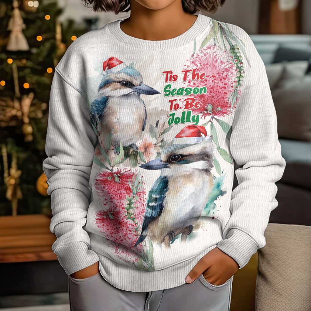 Australia Christmas Kid Ugly Christmas Sweater Jolly Kookaburra Bottlebrush Watercolor - Aussie Hoodie