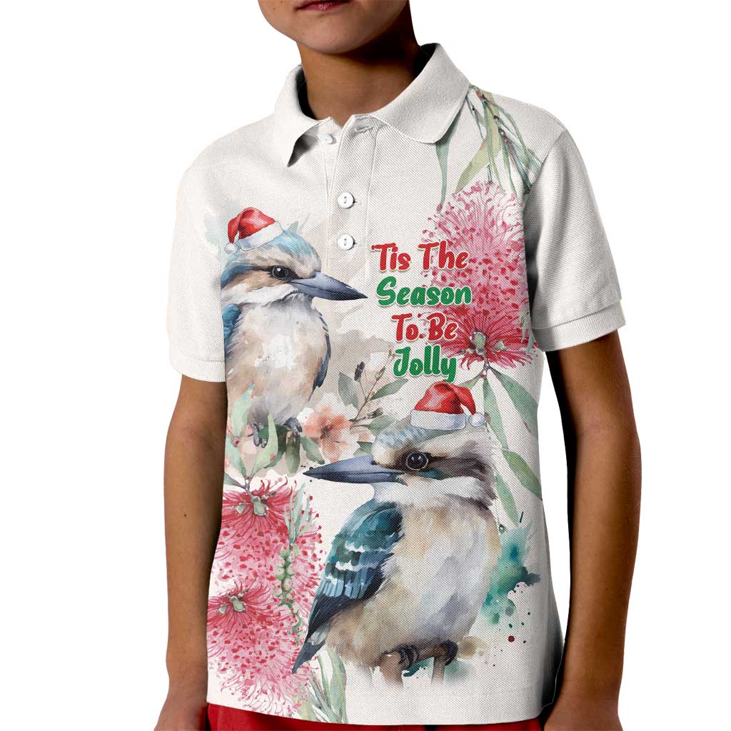 Australia Christmas Kid Polo Shirt Jolly Kookaburra Bottlebrush Watercolor - Aussie Hoodie