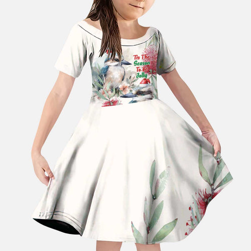 Australia Christmas Kid Short Sleeve Dress Jolly Kookaburra Bottlebrush Watercolor - Aussie Hoodie