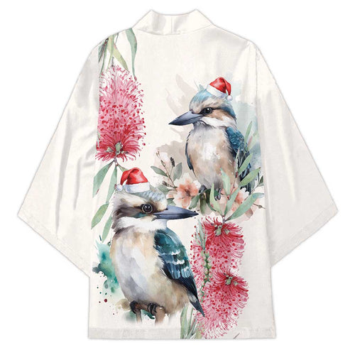 Australia Christmas Kimono Jolly Kookaburra Bottlebrush Watercolor - Aussie Hoodie