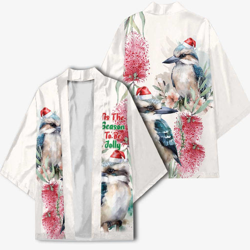 Australia Christmas Kimono Jolly Kookaburra Bottlebrush Watercolor - Aussie Hoodie