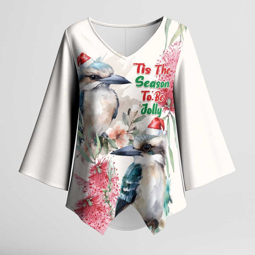 Australia Christmas Kimono Sleeve Blouse Jolly Kookaburra Bottlebrush Watercolor - Aussie Hoodie