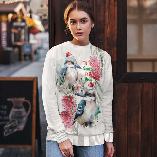 Australia Christmas Ugly Christmas Sweater Jolly Kookaburra Bottlebrush Watercolor - Aussie Hoodie
