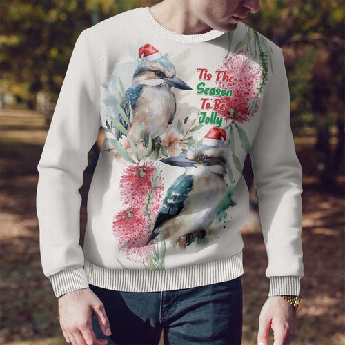 Australia Christmas Ugly Christmas Sweater Jolly Kookaburra Bottlebrush Watercolor - Aussie Hoodie