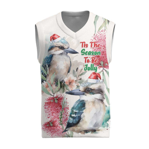 Australia Christmas Knitted V-Neck Vest Jolly Kookaburra Bottlebrush Watercolor - Aussie Hoodie