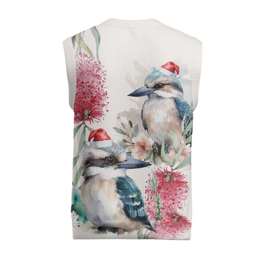 Australia Christmas Knitted V-Neck Vest Jolly Kookaburra Bottlebrush Watercolor - Aussie Hoodie