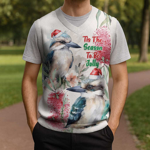Australia Christmas Knitted V-Neck Vest Jolly Kookaburra Bottlebrush Watercolor - Aussie Hoodie