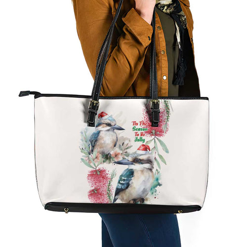 Australia Christmas Leather Tote Bag Jolly Kookaburra Bottlebrush Watercolor - Aussie Hoodie