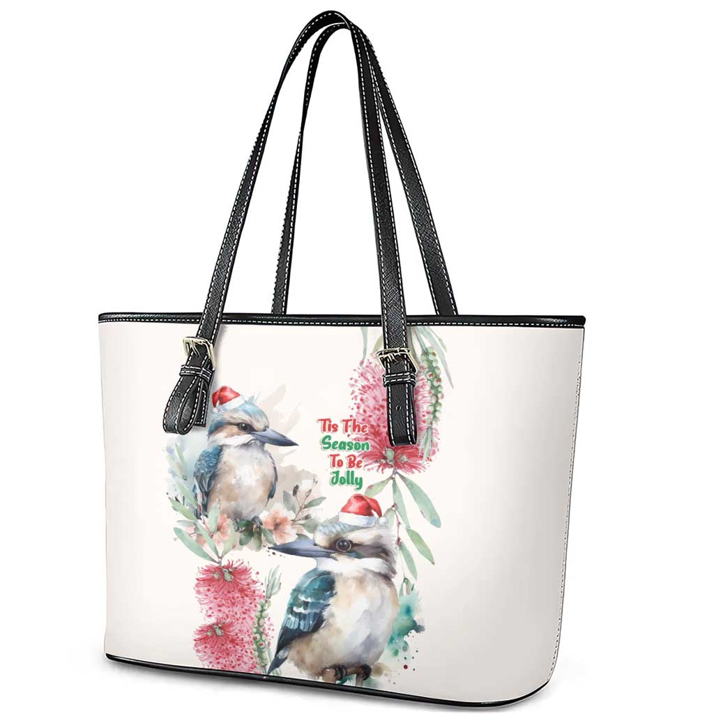 Australia Christmas Leather Tote Bag Jolly Kookaburra Bottlebrush Watercolor - Aussie Hoodie