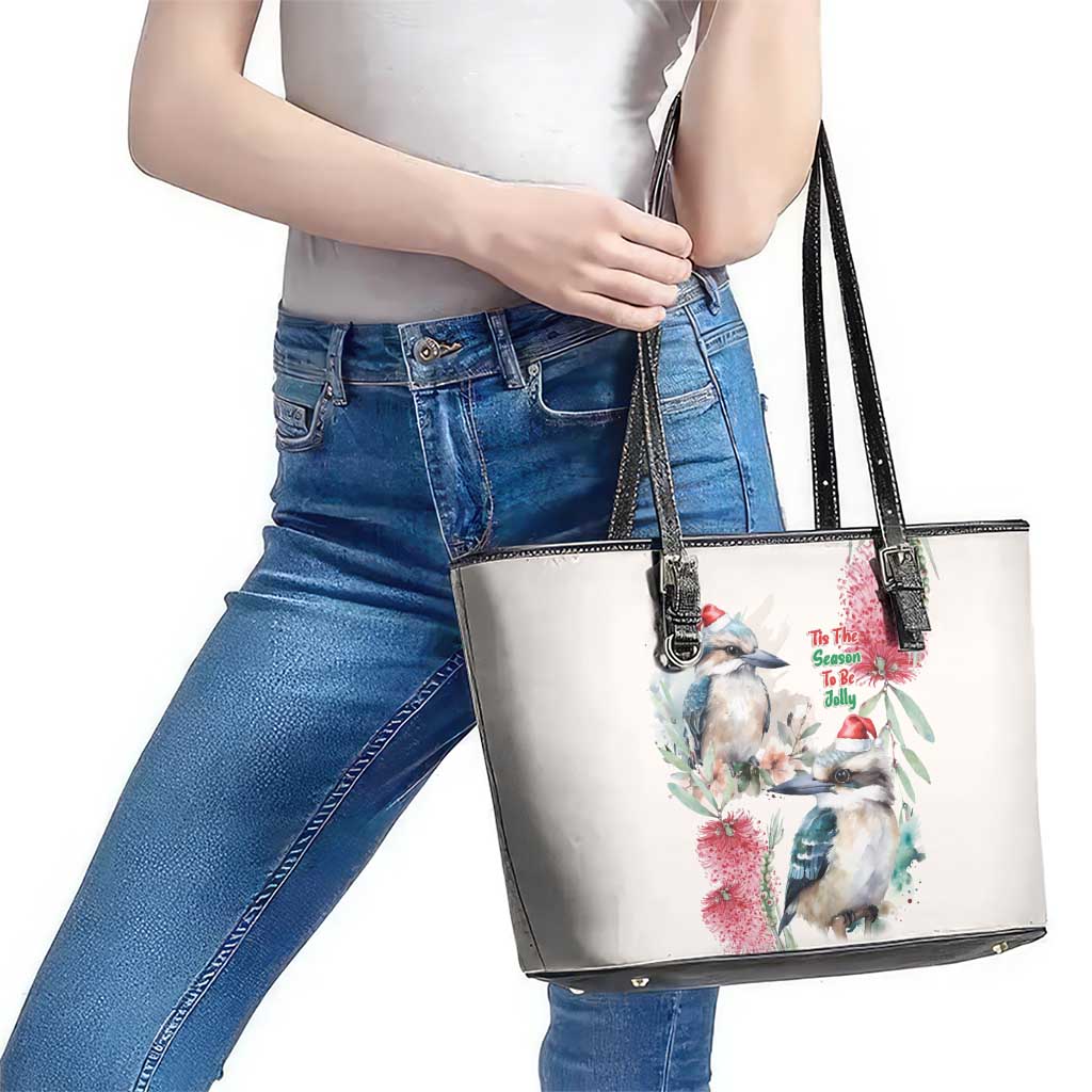 Australia Christmas Leather Tote Bag Jolly Kookaburra Bottlebrush Watercolor - Aussie Hoodie