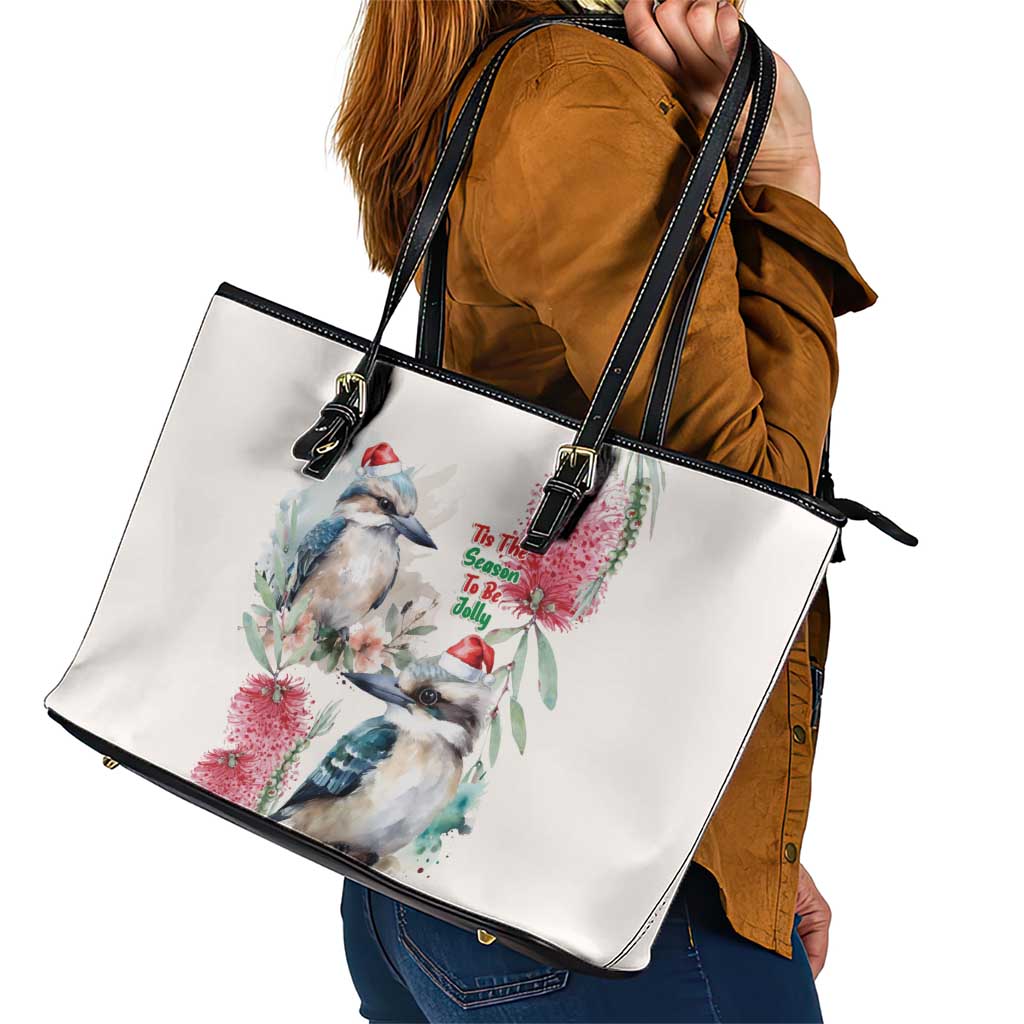 Australia Christmas Leather Tote Bag Jolly Kookaburra Bottlebrush Watercolor - Aussie Hoodie