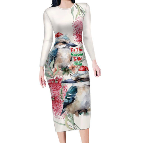Australia Christmas Long Sleeve Bodycon Dress Jolly Kookaburra Bottlebrush Watercolor - Aussie Hoodie