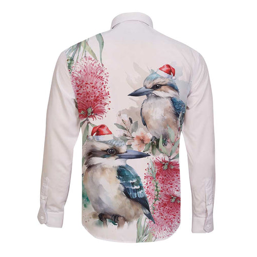 Australia Christmas Long Sleeve Button Shirt Jolly Kookaburra Bottlebrush Watercolor - Aussie Hoodie