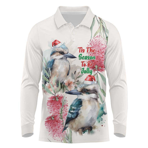 Australia Christmas Long Sleeve Polo Shirt Jolly Kookaburra Bottlebrush Watercolor - Aussie Hoodie