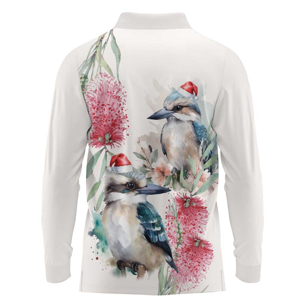 Australia Christmas Long Sleeve Polo Shirt Jolly Kookaburra Bottlebrush Watercolor - Aussie Hoodie