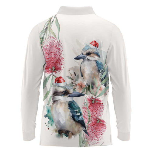Australia Christmas Long Sleeve Polo Shirt Jolly Kookaburra Bottlebrush Watercolor - Aussie Hoodie