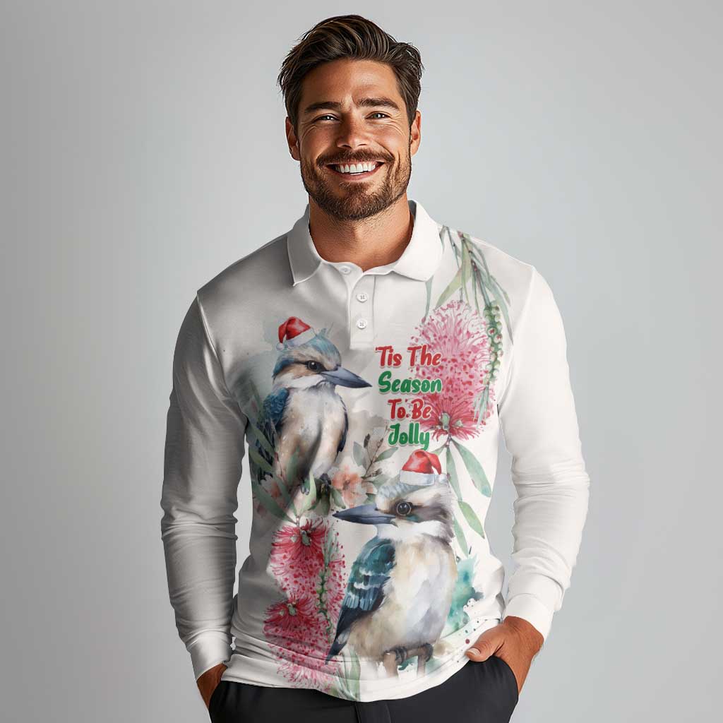 Australia Christmas Long Sleeve Polo Shirt Jolly Kookaburra Bottlebrush Watercolor - Aussie Hoodie