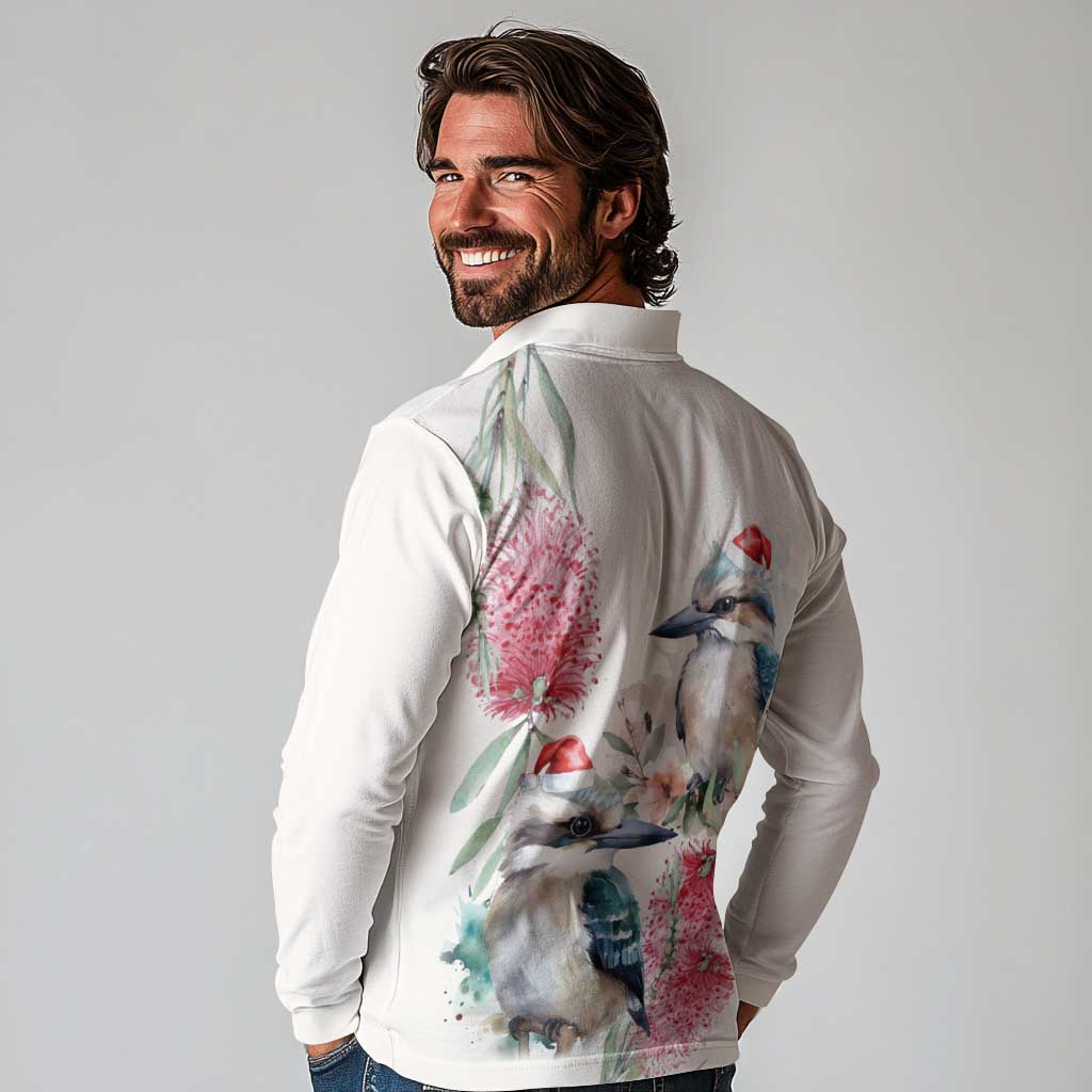 Australia Christmas Long Sleeve Polo Shirt Jolly Kookaburra Bottlebrush Watercolor - Aussie Hoodie
