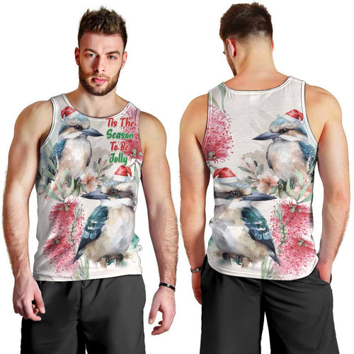 Australia Christmas Men Tank Top Jolly Kookaburra Bottlebrush Watercolor - Aussie Hoodie