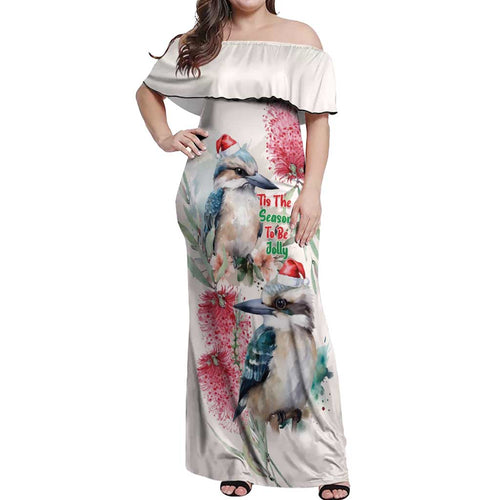 Australia Christmas Off Shoulder Maxi Dress Jolly Kookaburra Bottlebrush Watercolor - Aussie Hoodie