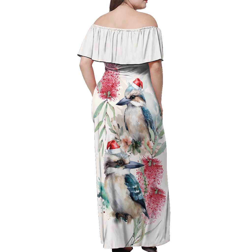 Australia Christmas Off Shoulder Maxi Dress Jolly Kookaburra Bottlebrush Watercolor - Aussie Hoodie