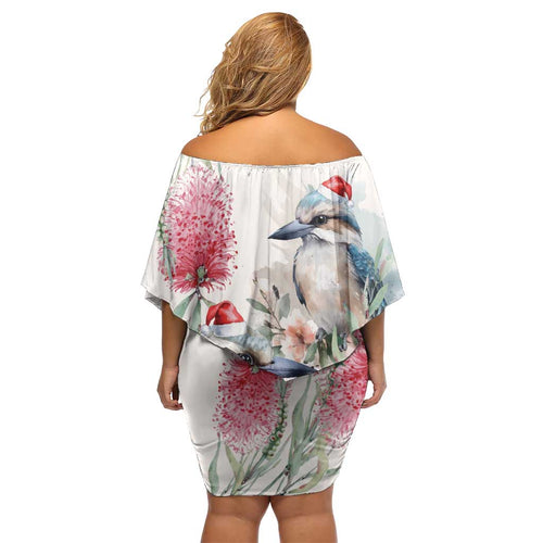 Australia Christmas Off Shoulder Short Dress Jolly Kookaburra Bottlebrush Watercolor - Aussie Hoodie