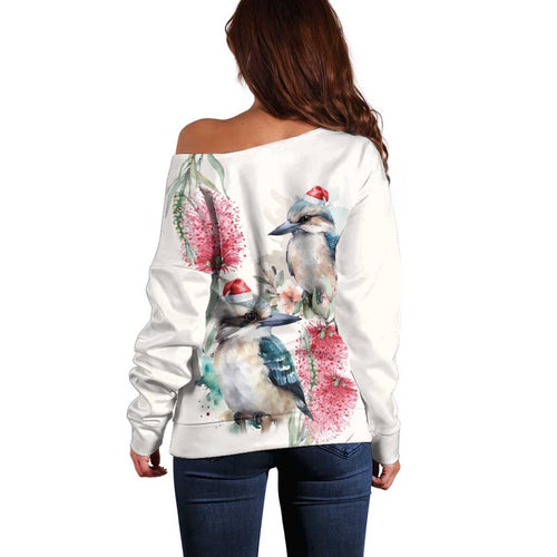 Australia Christmas Off Shoulder Sweater Jolly Kookaburra Bottlebrush Watercolor - Aussie Hoodie