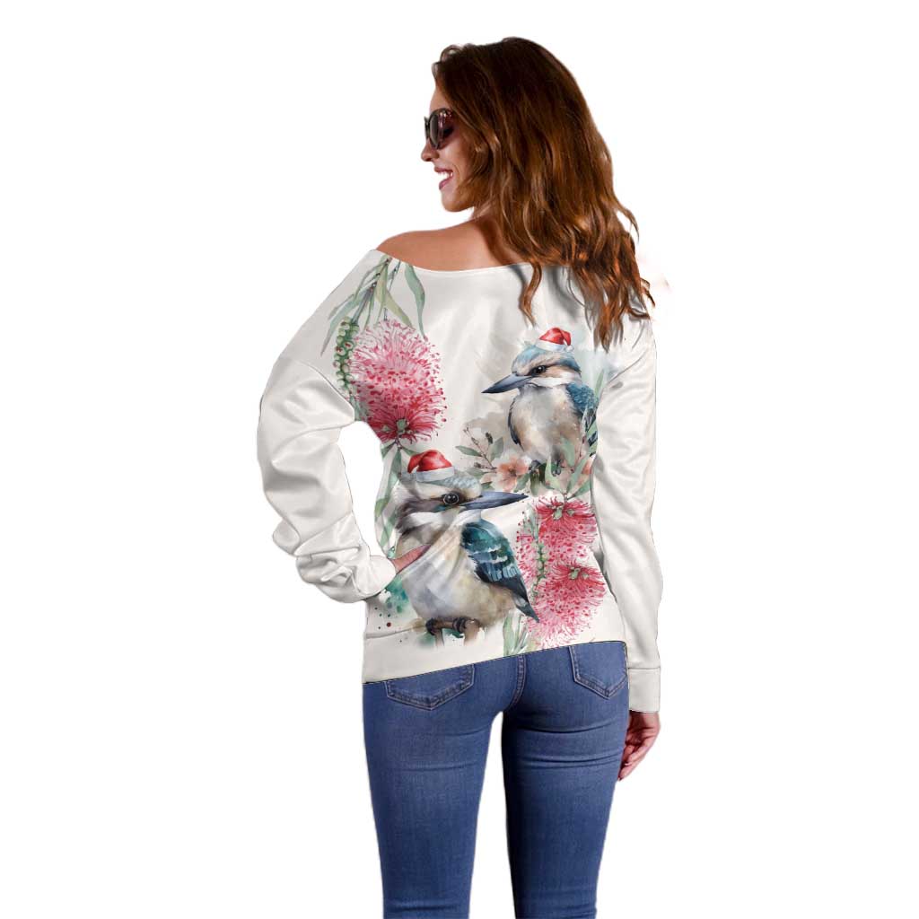Australia Christmas Off Shoulder Sweater Jolly Kookaburra Bottlebrush Watercolor - Aussie Hoodie