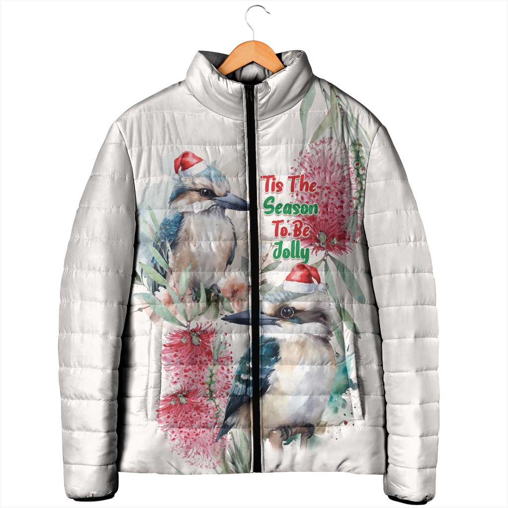 Australia Christmas Padded Jacket Jolly Kookaburra Bottlebrush Watercolor - Aussie Hoodie