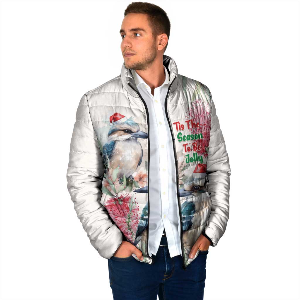 Australia Christmas Padded Jacket Jolly Kookaburra Bottlebrush Watercolor - Aussie Hoodie