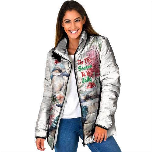 Australia Christmas Padded Jacket Jolly Kookaburra Bottlebrush Watercolor - Aussie Hoodie