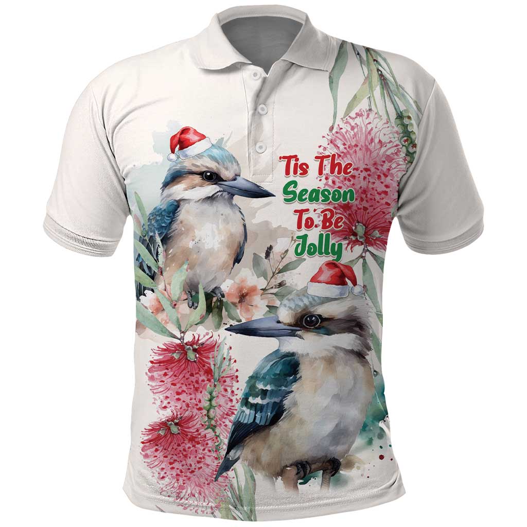Australia Christmas Polo Shirt Jolly Kookaburra Bottlebrush Watercolor - Aussie Hoodie