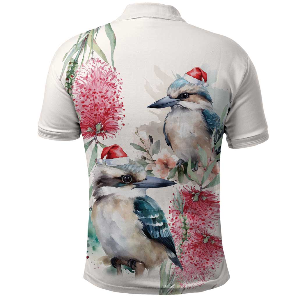 Australia Christmas Polo Shirt Jolly Kookaburra Bottlebrush Watercolor - Aussie Hoodie