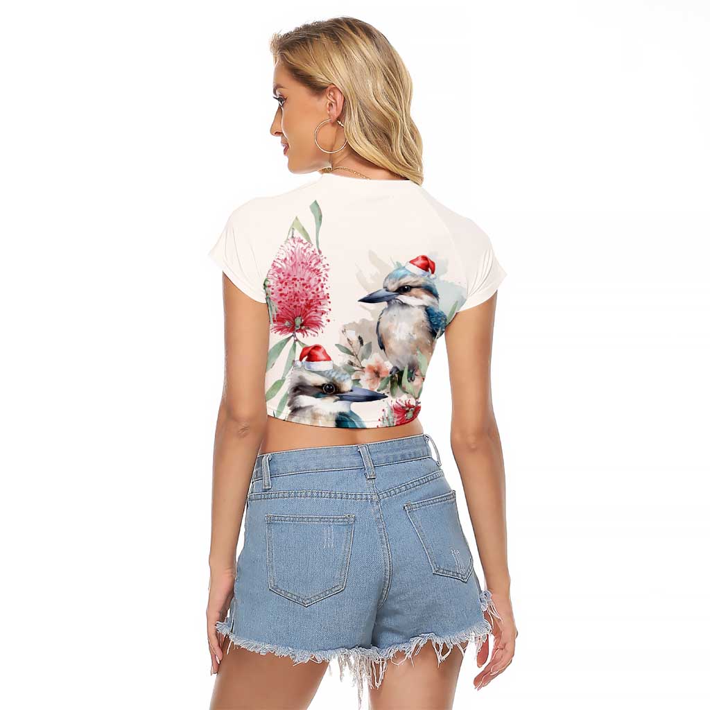 Australia Christmas Raglan Cropped T Shirt Jolly Kookaburra Bottlebrush Watercolor - Aussie Hoodie