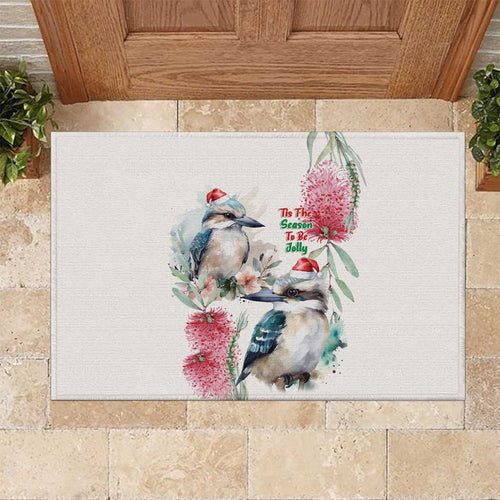 Australia Christmas Rubber Doormat Jolly Kookaburra Bottlebrush Watercolor - Aussie Hoodie