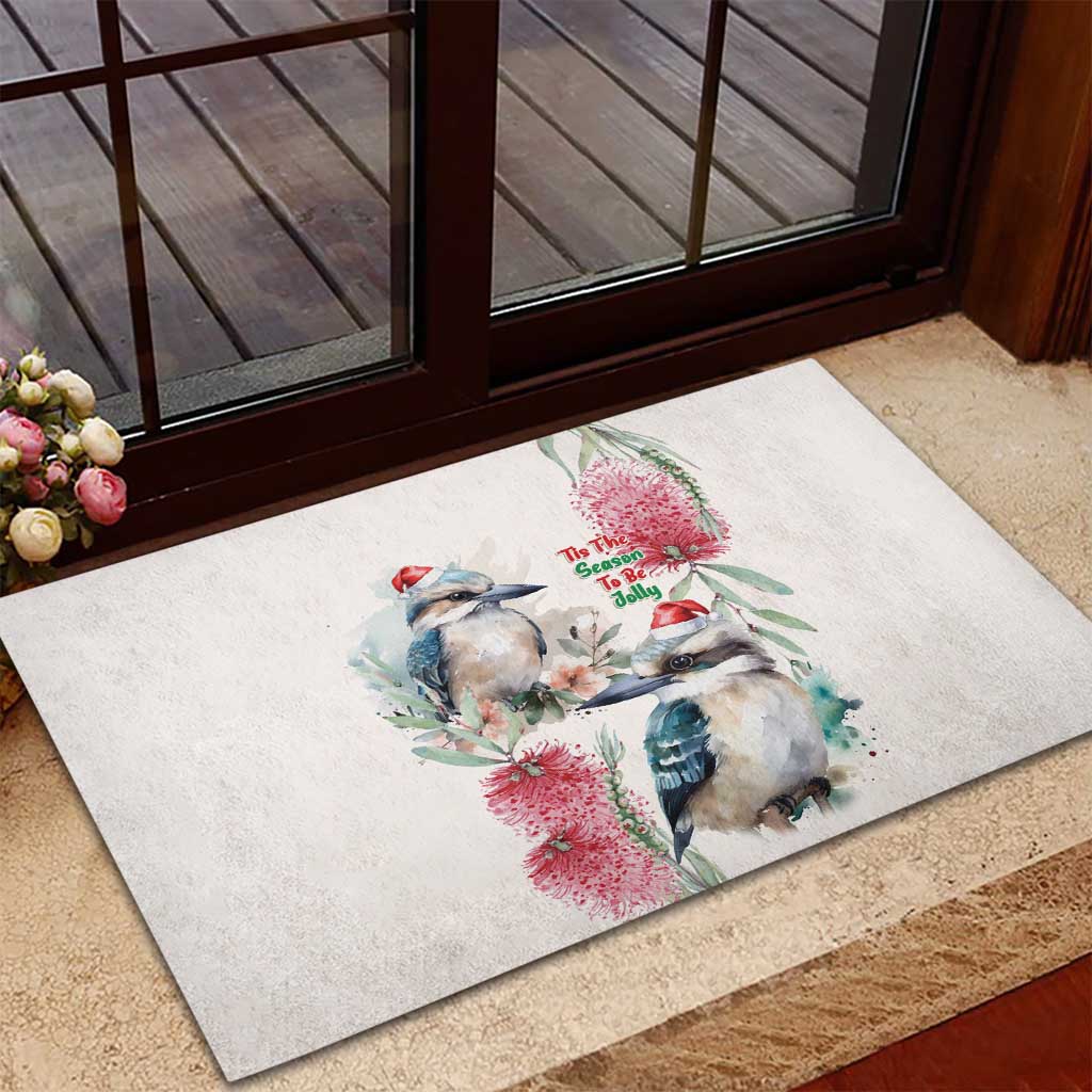 Australia Christmas Rubber Doormat Jolly Kookaburra Bottlebrush Watercolor - Aussie Hoodie
