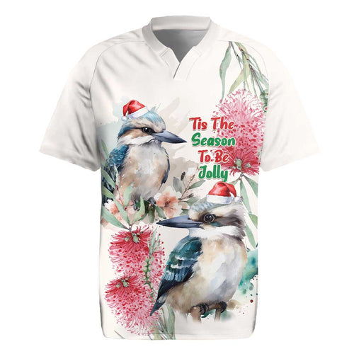 Australia Christmas Rugby Jersey Jolly Kookaburra Bottlebrush Watercolor - Aussie Hoodie