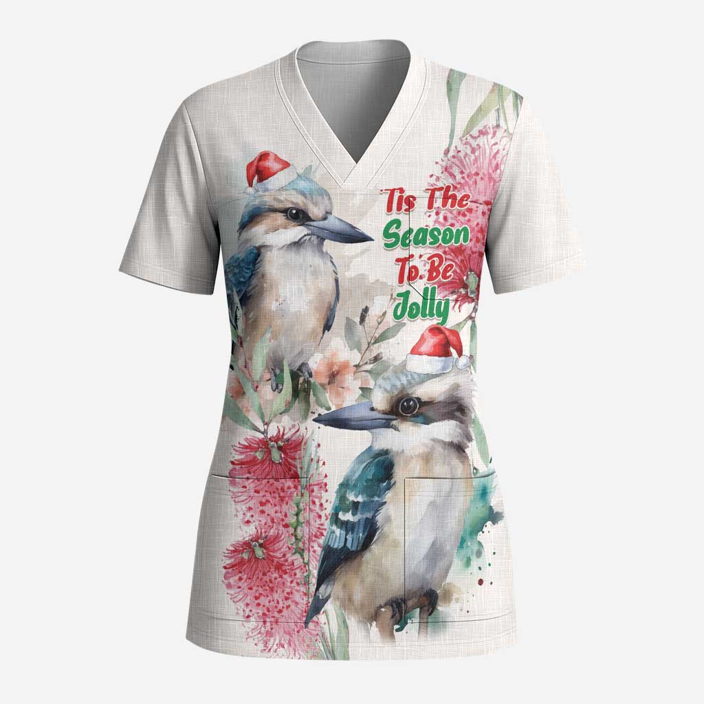 Australia Christmas Scrub Top Jolly Kookaburra Bottlebrush Watercolor - Aussie Hoodie