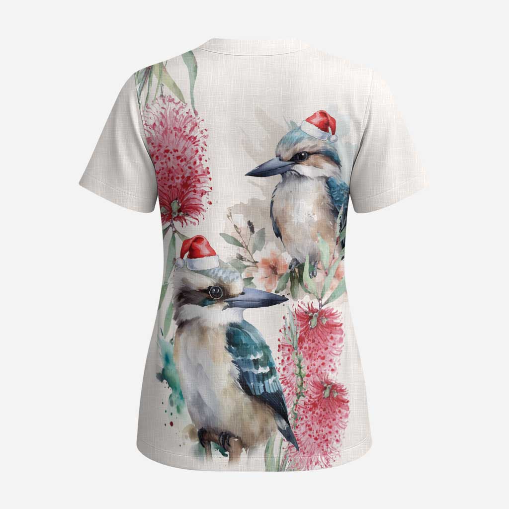 Australia Christmas Scrub Top Jolly Kookaburra Bottlebrush Watercolor - Aussie Hoodie